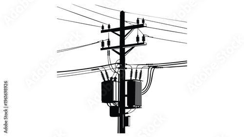 Power transmission lines and telephone pole vector silhouette isolated on transparent background.