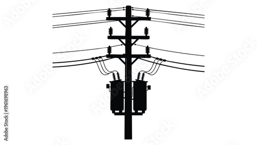 Power transmission lines and telephone pole vector silhouette isolated on transparent background.