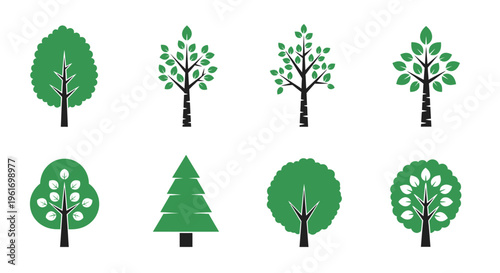 Collection of stylized green trees in various shapes and forms