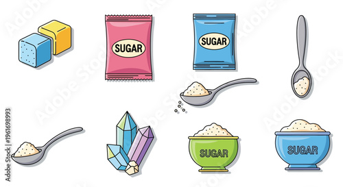 Various forms of sugar depicted with spoons and containers