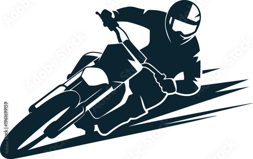 A dynamic monochromatic silhouette of a motocross rider speeding and leaning into a sharp turn