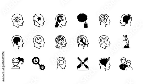 Collection of black and white icons representing various mental states and thoughts