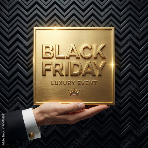 A person’s hand in a tuxedo sleeve presenting a luxury Black Friday golden banner