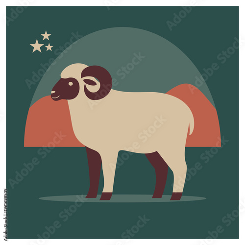 Eid al-Adha Qurbani Sheep Illustration with Mountain Landscape and Starry Night Background
