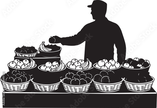 Man selling fruits at a market stall in silhouette