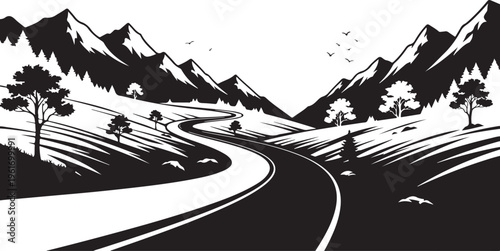 Winding Road Through Snowy Mountains and Trees Landscape