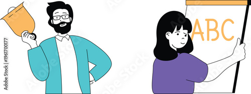 A teacher holding a bucket appears enthusiastic while a student confidently displays an alphabet board with a thumbs-up