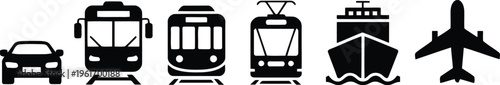 A neat row of black silhouette icons depicting various forms of public and private transportation