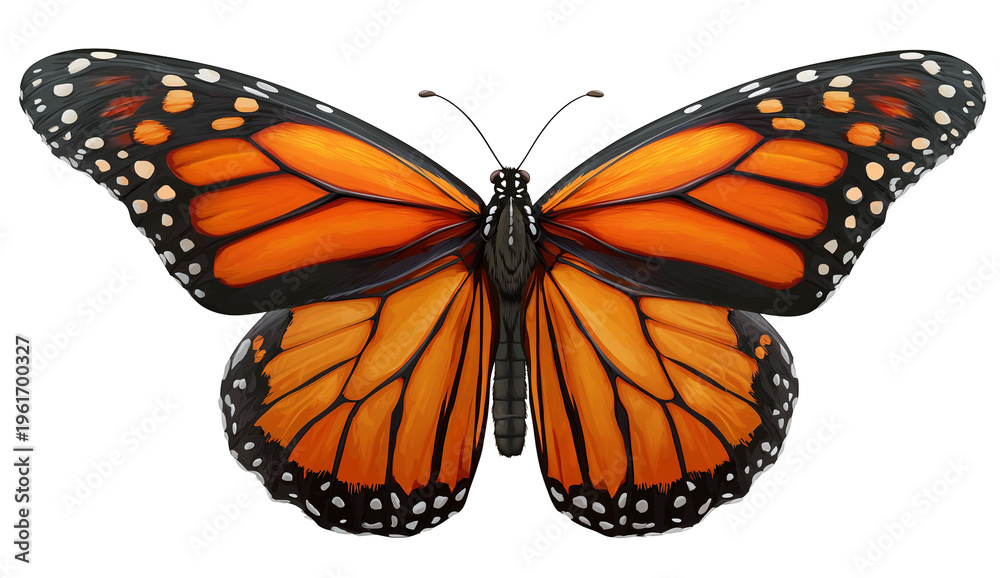 Fototapeta premium Orange monarch butterfly with open wings isolated on transparent background