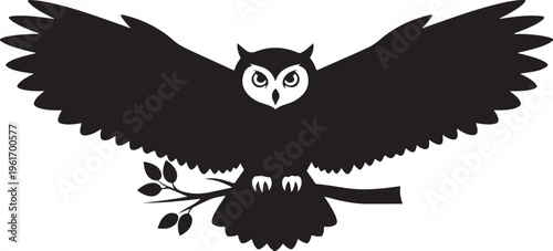 Majestic owl perched on branch with spread wings silhouette