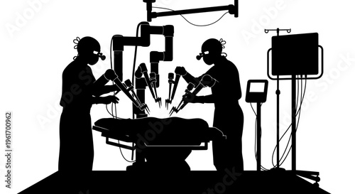 Surgeons performing robotic surgery in a hospital operating room with medical equipment