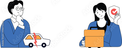 A man worries about car troubles while a woman confidently shows approval with a document and checkmark