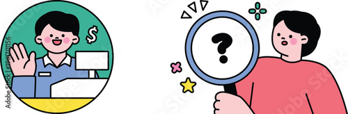 A person waving while another examines a magnifying glass with question marks and symbols around it