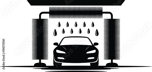 A simplistic black car wash icon displaying an automobile getting cleaned by water and brushes