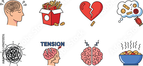 Emotional Eating and Stress Behavior Icon Set with Brain Tension, Junk Food Craving, Broken Heart, Overthinking Mind and Unhealthy Coping Concepts