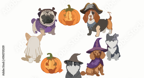 Cute Halloween dog wreath watercolor clipart set with funny costume pets isolated on white background