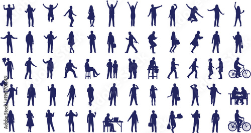 People silhouette collection showing diverse daily activities emotions and lifestyles, men women characters in casual poses, modern human figure vector illustration set