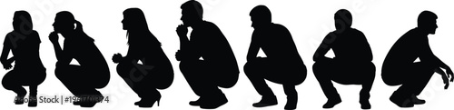 People silhouettes set, man and woman squatting, crouching figures collection, human body positions, person waiting, sitting posture, vector illustration on white background