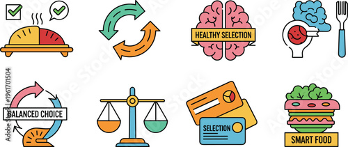 Healthy Food Choice and Nutrition Balance Icon Set with Smart Eating, Balanced Diet, Brain Selection, Meal Decision, Lifestyle and Wellness Concepts