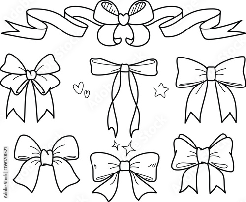 A cute collection of hand-drawn ribbon bows in a minimal black outline style. Perfect for gifts, wedding invitations, holidays, and bullet journal planner stickers.