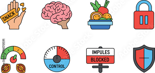 Impulse Control and Healthy Eating Behavior Icon Set with Brain Awareness, Snack Limitation, Nutrition Choice, Self Discipline and Lifestyle Management Concepts