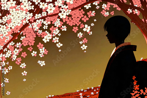 cherry blossoms and silhouettes of people