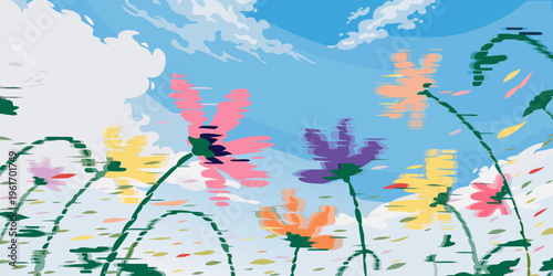Impressionistic digital painting captures multicolored cosmos flowers swaying rapidly in the forceful wind against a streaky, bright blue and white cloud-filled summer atmosphere.