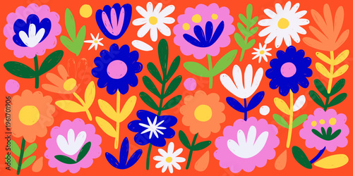 Dense composition of brightly colored, abstract flowers and green leaves pops vividly against a solid, saturated orange background.