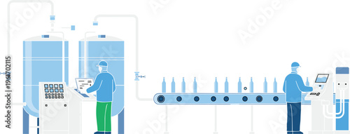 Industrial beverage production line with workers operating machinery, bottling process in factory environment, automation, quality control, and modern manufacturing workflow