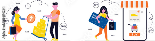 Colorful showing various sale strategies with discount symbols and happy shoppers carrying items