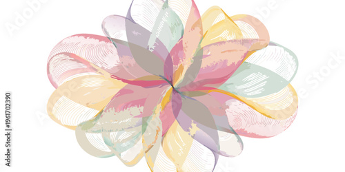 Translucent watercolor flower design displays overlapping soft pastel petals radiating gently from the center point upon a white background surface.