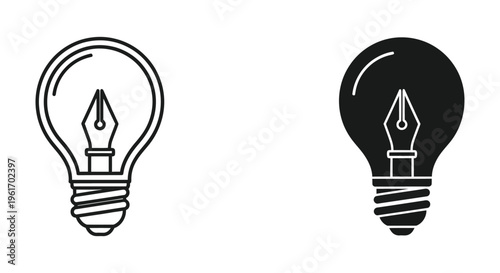 Light bulb with fountain pen nib inside, creative writing and idea concept icon set