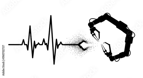 Robot arm disconnects heartbeat line symbolizing technology and human life disconnection
