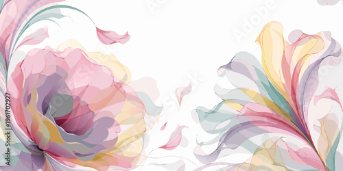 Graceful stylized flowers with flowing translucent petals drift across a clean white space accompanied by scattered delicate falling petal accents.