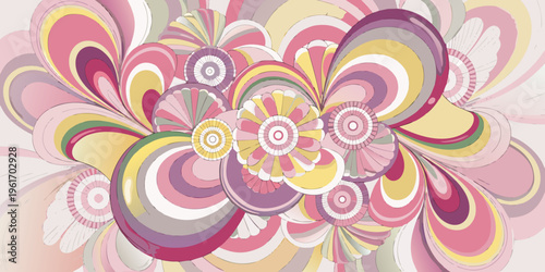 Vibrant retro swirl design features concentric circles and elongated teardrop shapes bursting outwards in a cheerful, psychedelic color palette upon white.