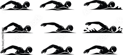 Swimming athlete silhouette set, professional swimmer in water, crawl stroke technique, pool competition icon, sports training, aquatic exercise, vector illustration on white background