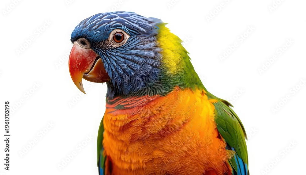 Fototapeta premium Vibrant parrot with blue head and orange chest isolated on white background