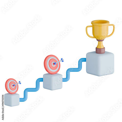 3D Business Goal Achievement Path with Target and Trophy Illustration.