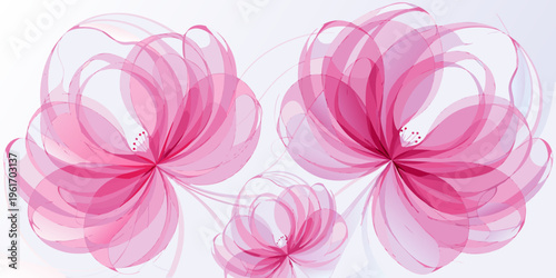Two large, bright pink, transparent lotus-like flowers dominate the frame with a smaller bloom centered below, all rendered softly against a clean white surface.