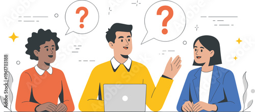 Flat vector illustration of a diverse business team brainstorming and solving problems with question mark speech bubbles on laptop