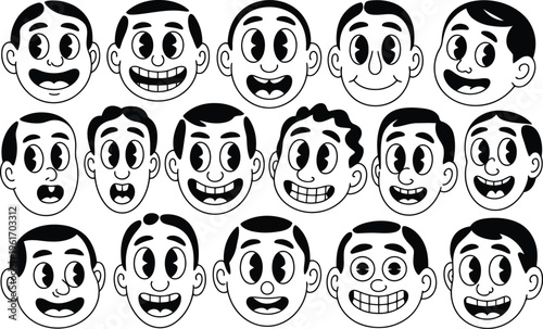 An ensemble of twenty black and white cartoon faces displaying an array of traditional animated emotions
