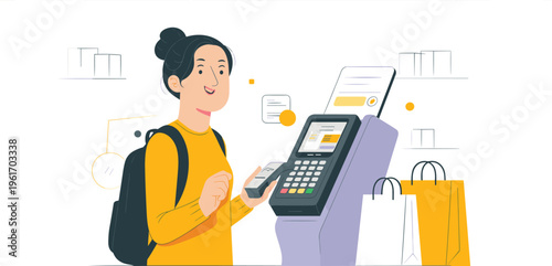 Flat vector illustration of a young woman using a contactless mobile payment terminal at a retail shop checkout,