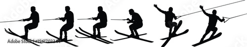 Water skiing action silhouettes showing jump tricks and balanced movement, extreme summer water sport athletes performing dynamic tow rope poses vector illustration set