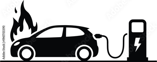 An electric vehicle is on fire while being charged at a public charging station