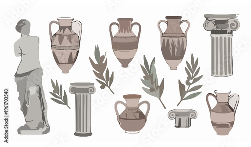 Antique greek roman objects vector set statues amphora column sketch