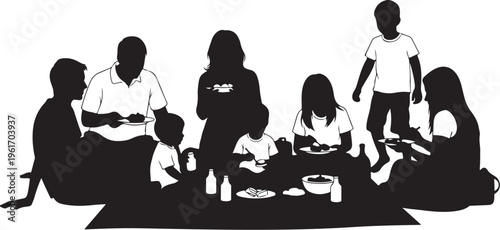 Silhouette of diverse family having picnic together outdoors happily