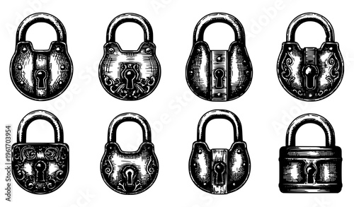 Hand drawn vintage padlock vector set engraved antique lock design