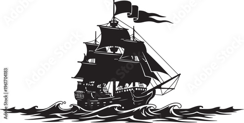 Pirate Ship Sailing on Ocean Waves in Black and White