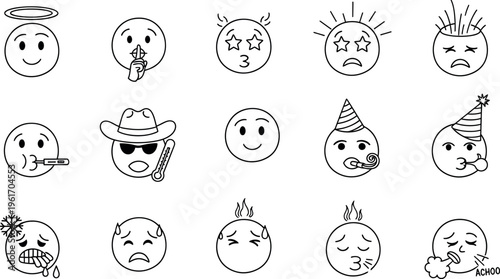 A collection of 15 emoticon faces with various expressions and accessories