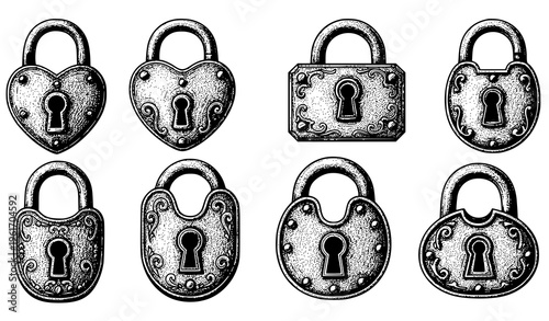 Vintage padlock engraving vector set antique lock sketch collection